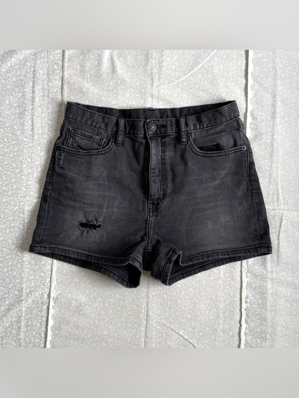 Uniqlo Faded Black Distressed High Waisted Denim Shorts